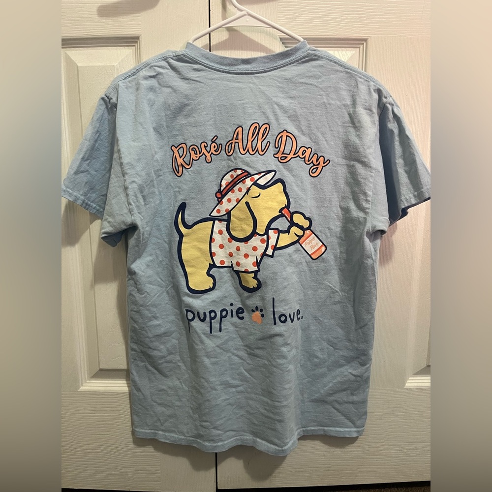 Rosé all Day puppie love blue T-shirt, size medium in women’s